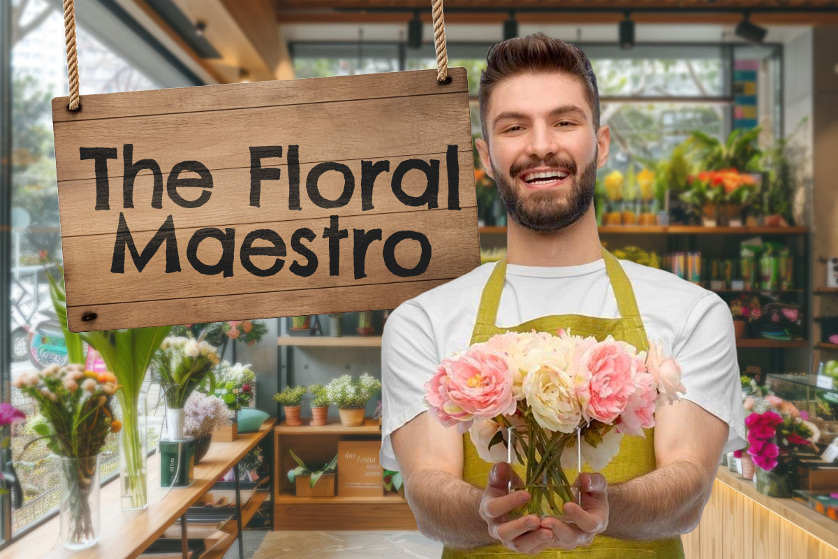 A flower shop owner holding a vase with flowers next to a hanging wooden sign with the name The Floral Maestro.
