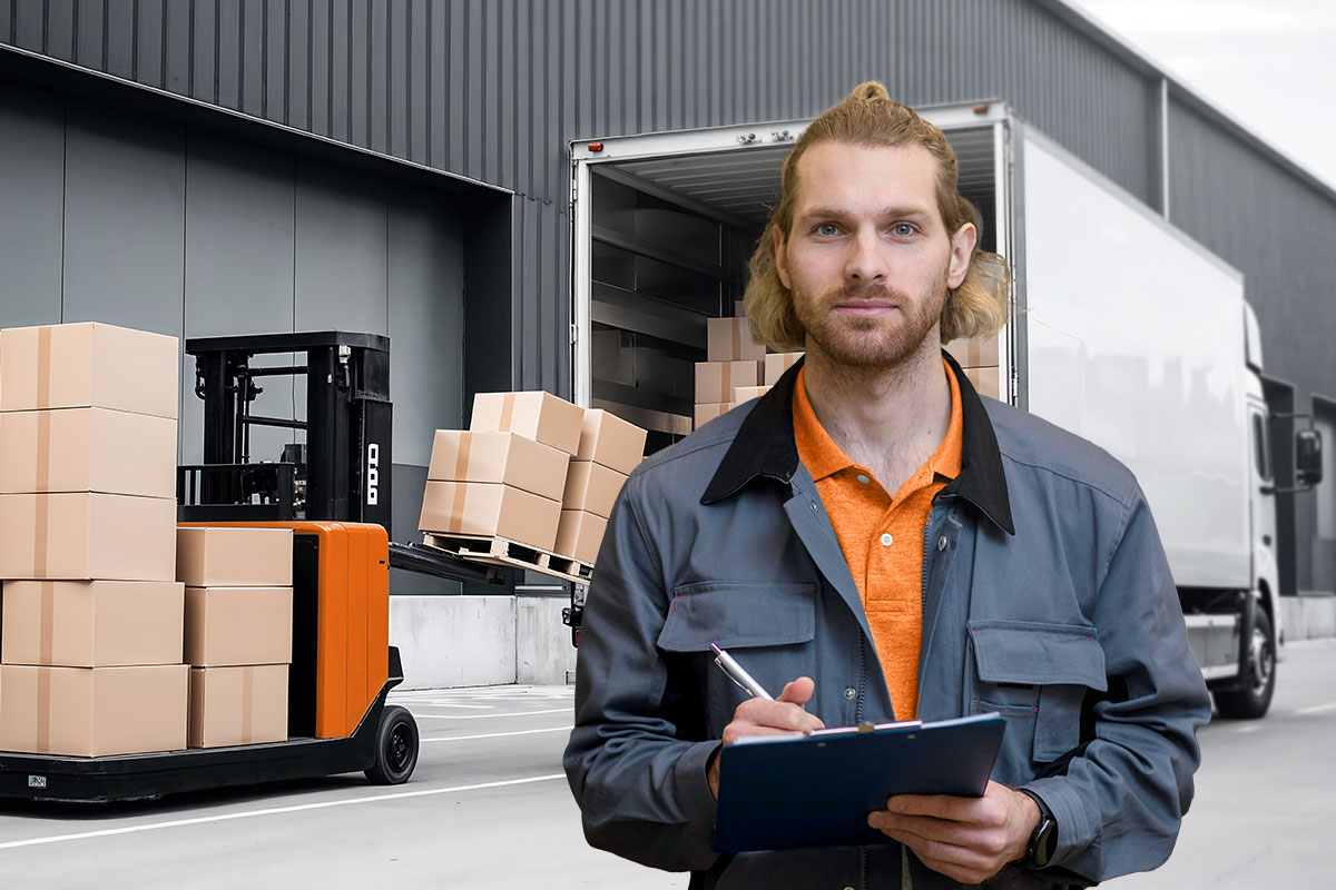 A box truck employee with a clipboard unloading a box truck full of packages.