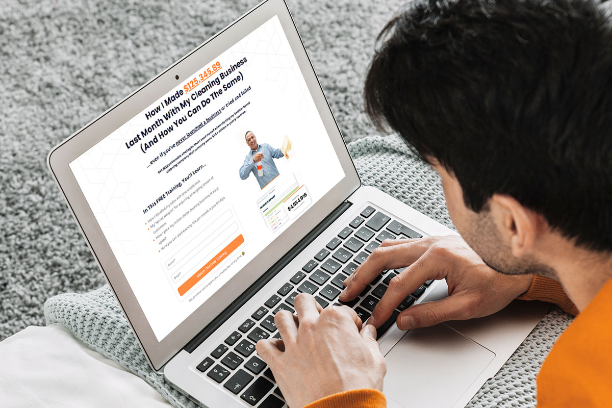 How to Become a Millionaire 50X Over 3 A user on a laptop looking at the free trial for the UpFlip Academy cleaning course taught by Cristobal Mondragon.