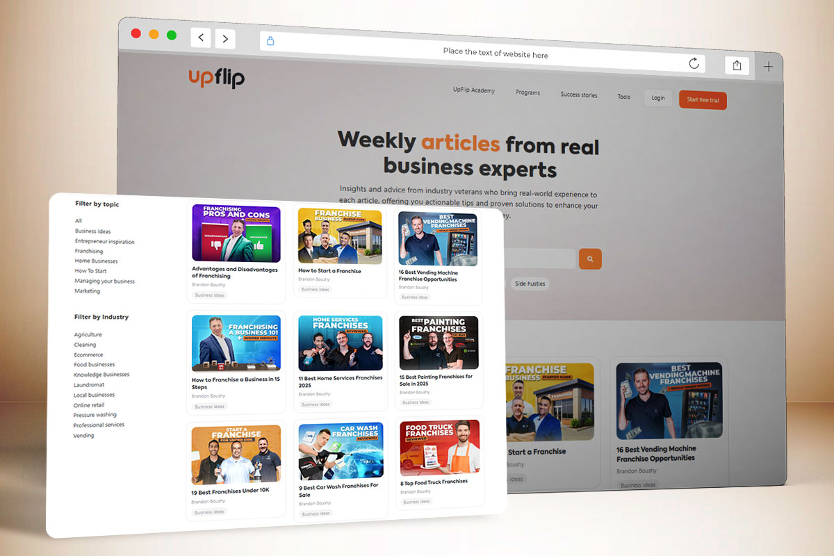 Overlapping screenshots showing the UpFlip Academy and UpFlip franchising blogs.