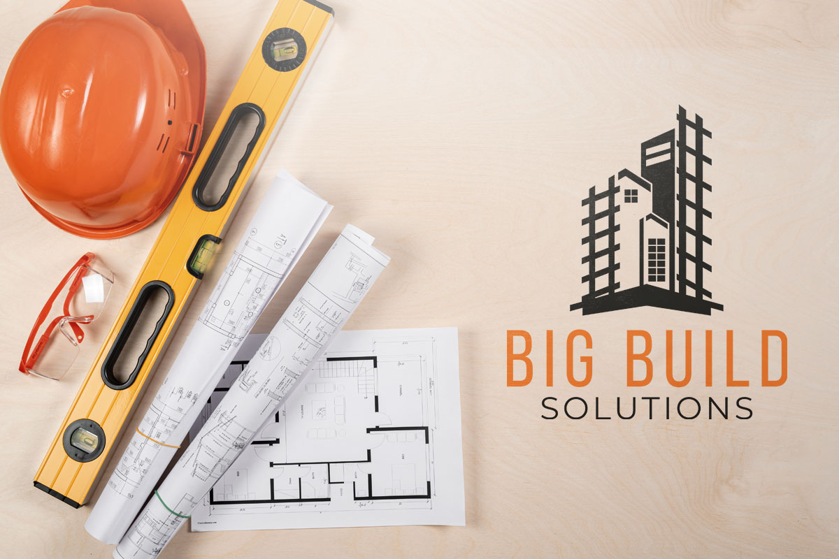 306 Best Construction Company Names 3 Blueprints and safety gear next to the logo for Big Build Solutions.