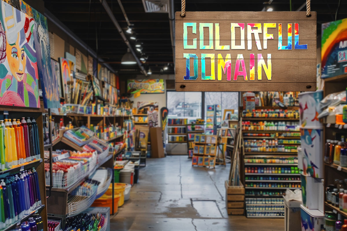 An art supply store with a hanging wooden sign that says Colorful Domain.