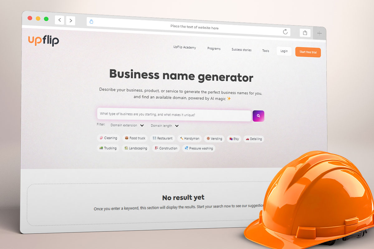 306 Best Construction Company Names 2 An orange hard hat in front of a screen showing the UpFlip business name generator.