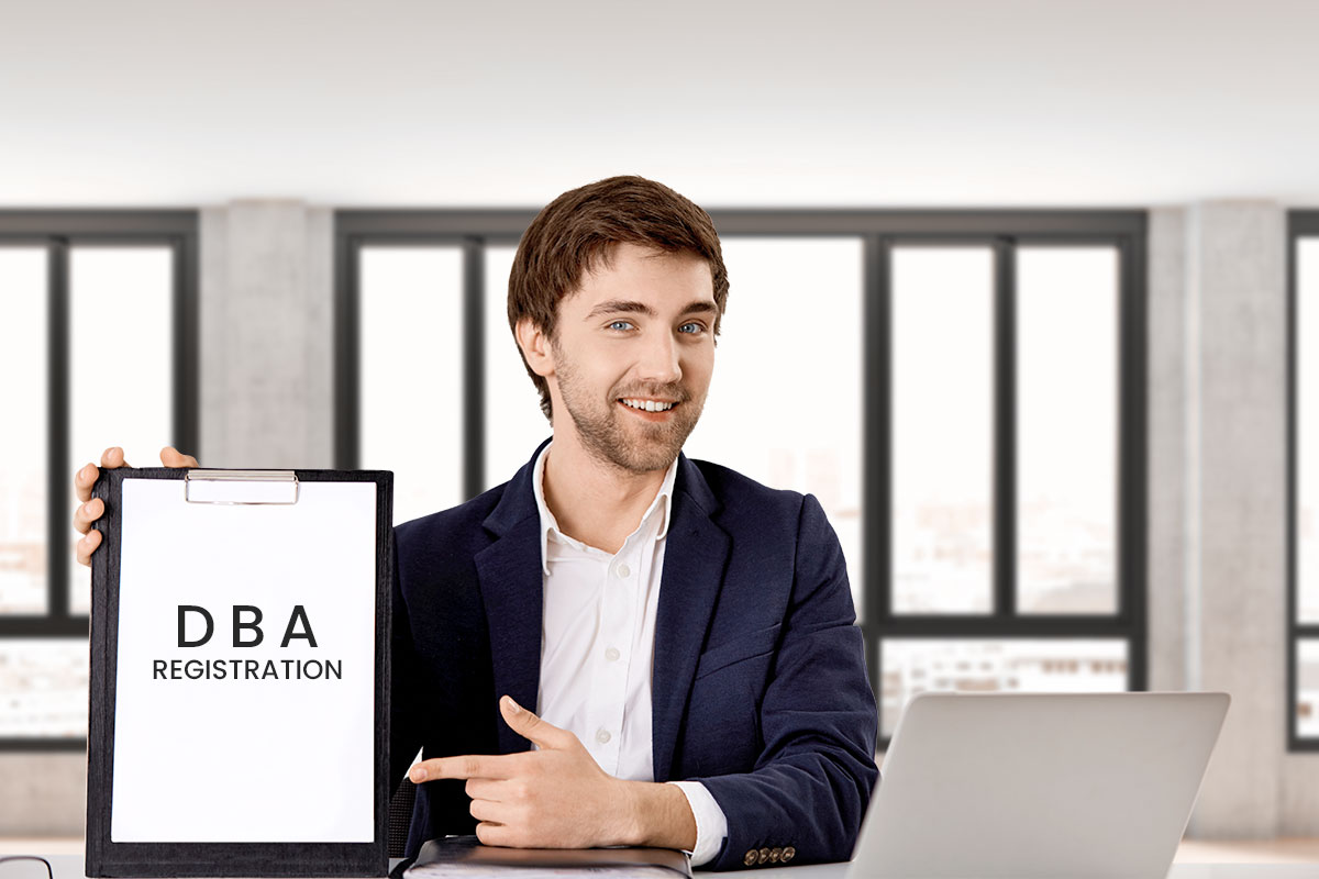 306 Best Construction Company Names 8 A businessman in a suit holding up a clipboard that says DBA registration.