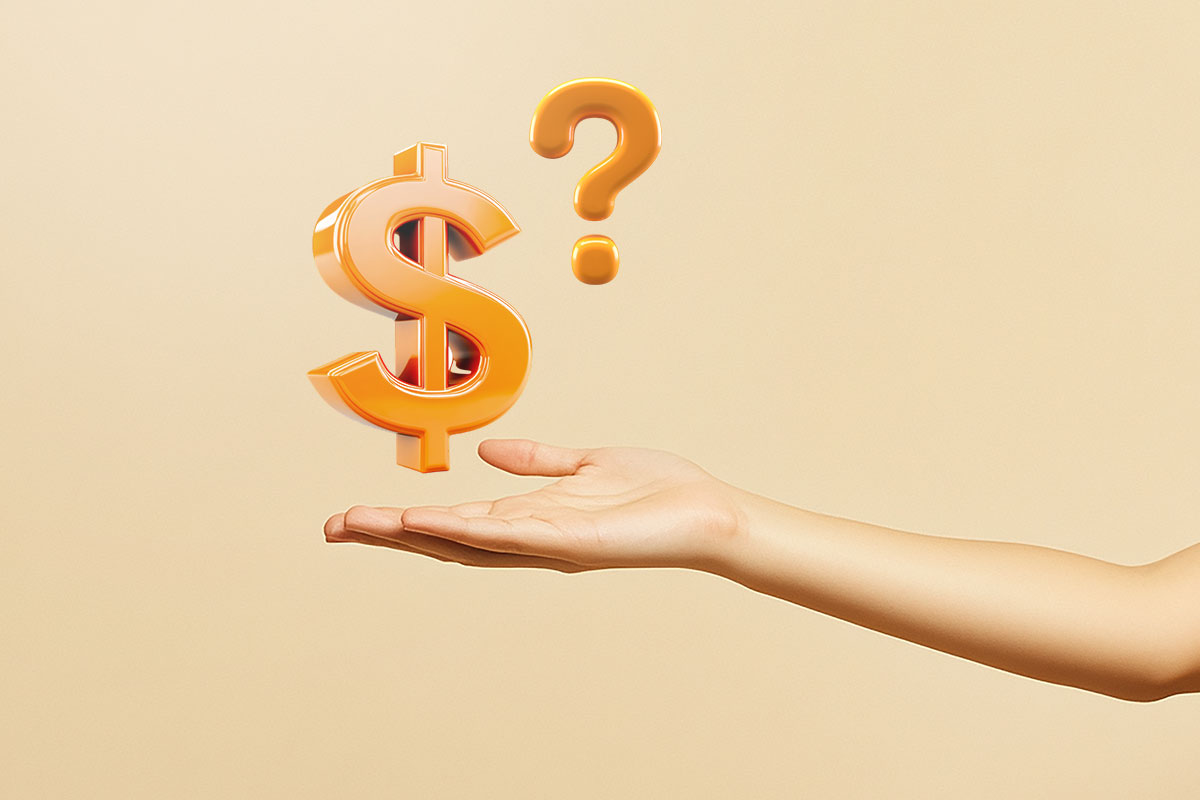 A question mark and a dollar sign hovering over a person's outstretched hand.