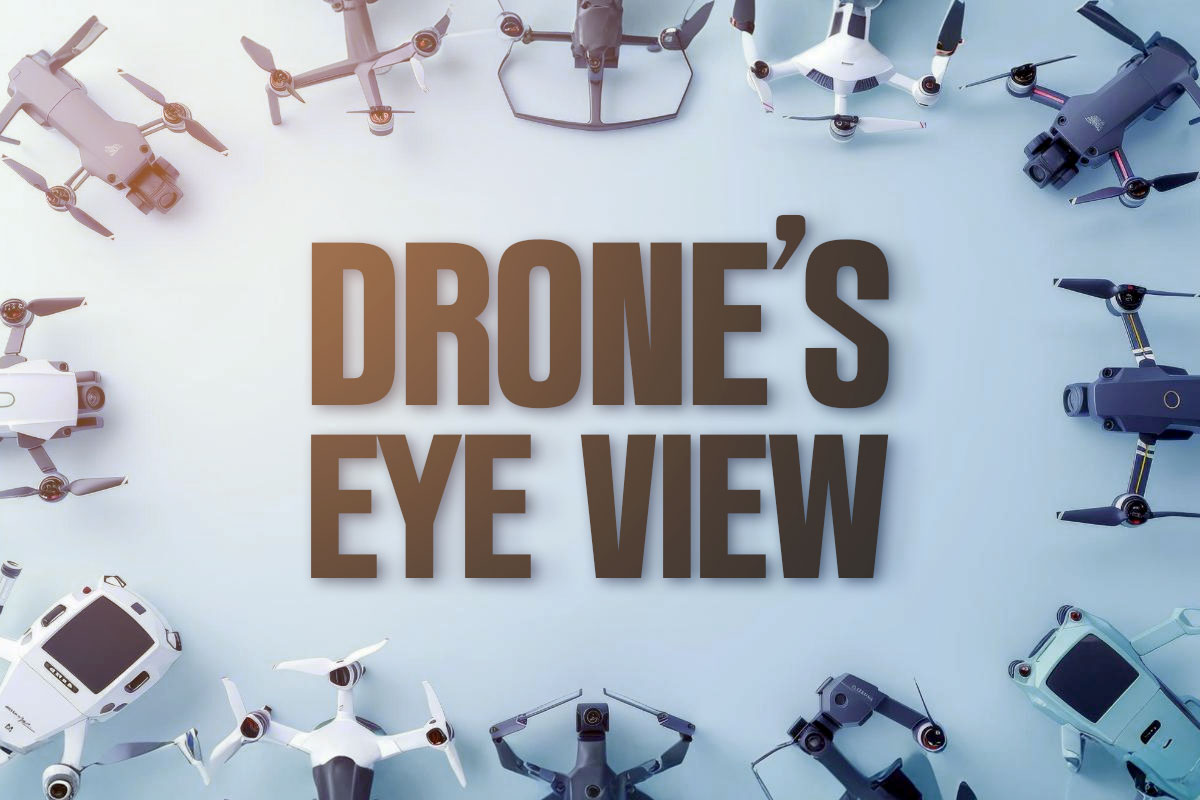 The business name Drones Eye View surrounded by different models of drones.
