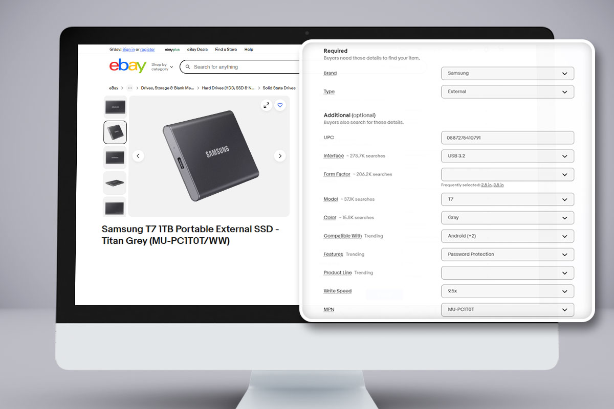 An eBay listing for a Samsung external hard drive with all the detials filled in.