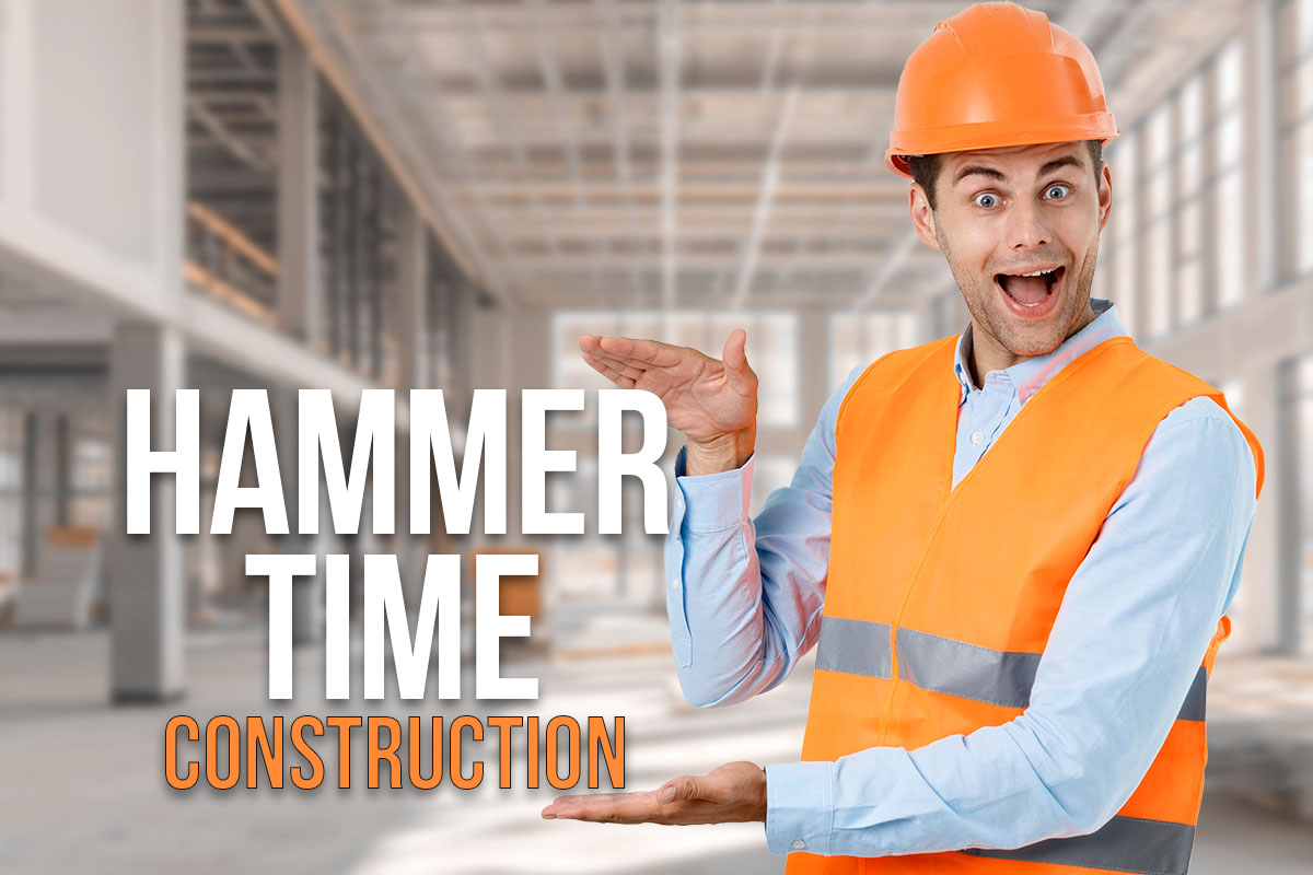 306 Best Construction Company Names 4 A construction worker making a funny face while gesturing to the business name Hammer Time Construction.