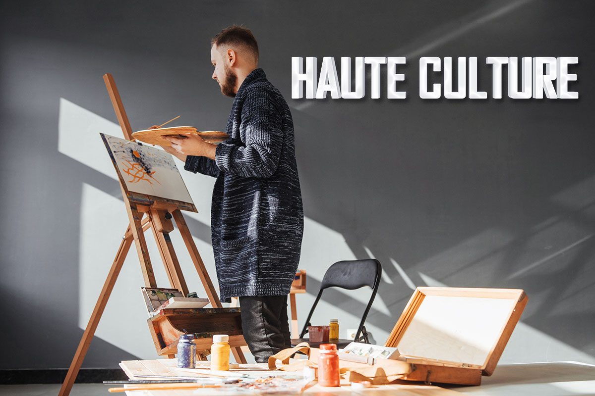A painter working at an easel with the name Haute Culture floating nearby.