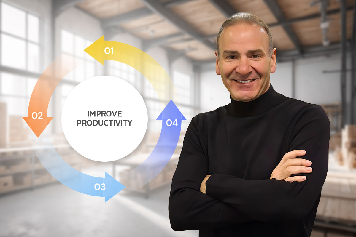 Paul Akers standing next to a diagram with four arrows and the words improve productivity.