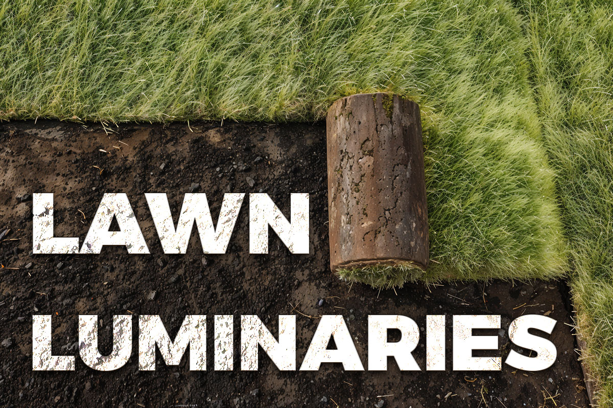 247 Eye-Catching Landscaping Business Names 2 Turf rolls on a lawn next to the business name Lawn Luminaries.
