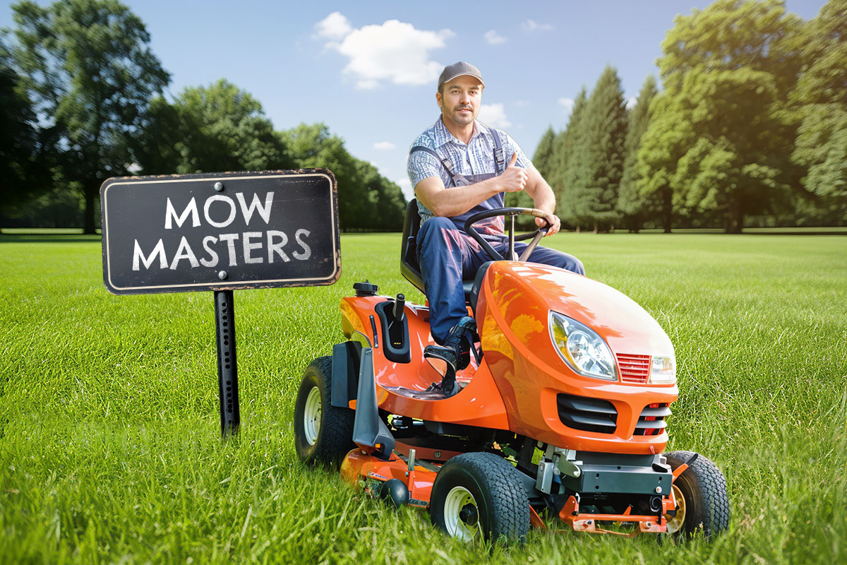 247 Eye-Catching Landscaping Business Names 1 A landscaping business owner on a riding lawn mower next to a sign that says Mow Masters.