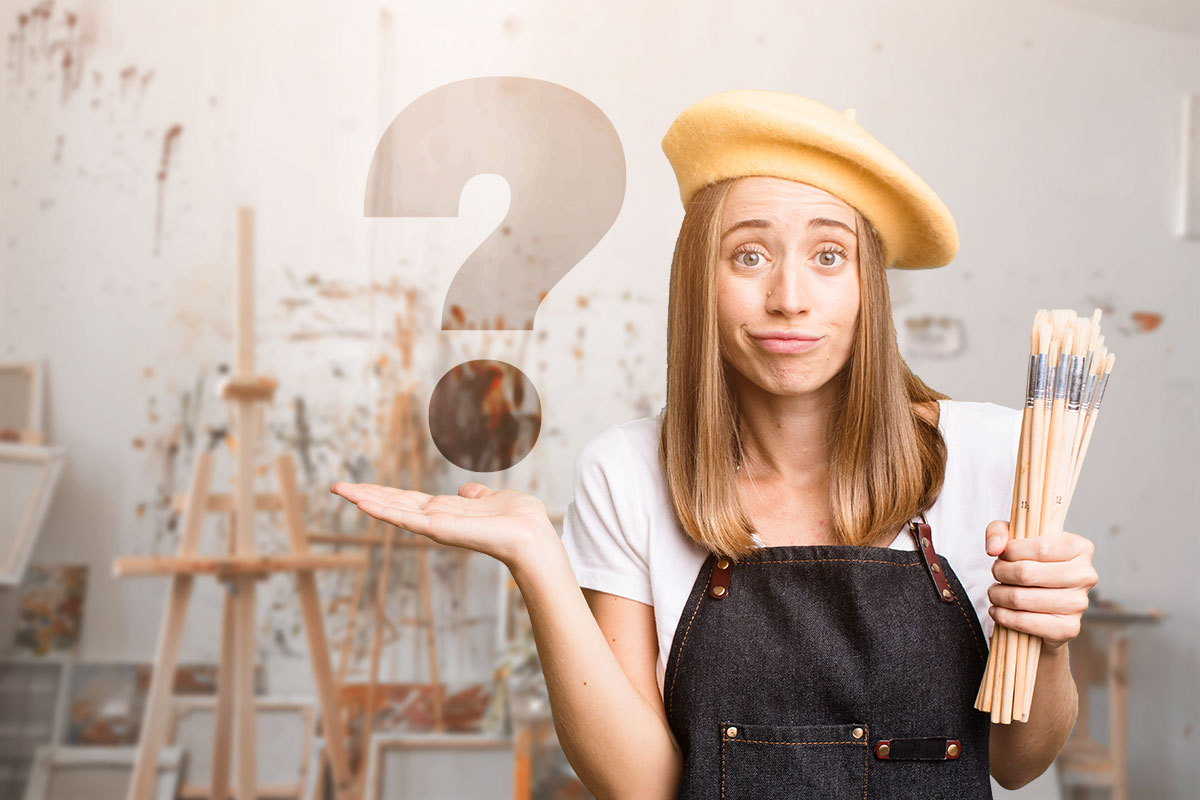 An art business owner in coveralls and a beret with a question mark hovering over her outstretched hand.