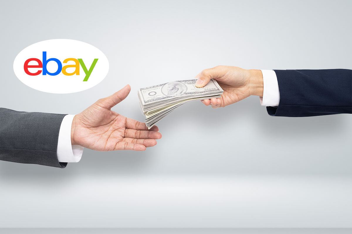 A person handing over a stack of cash to someone else with the eBay logo hovering above their outstretched hands.