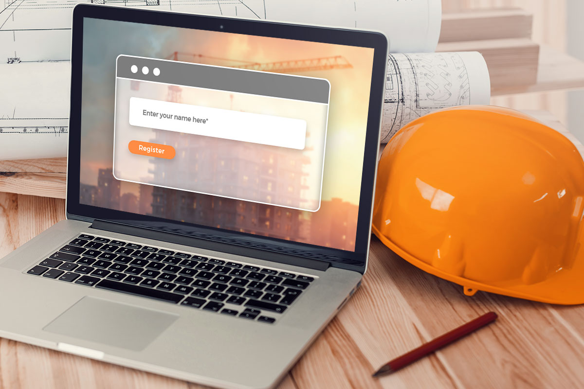 306 Best Construction Company Names 6 An open laptop showing a prompt for the user to register their business name.