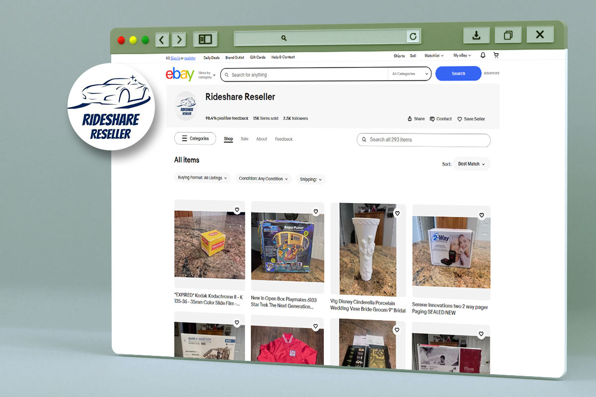 An eBay landing page showing various items for sale by Rideshare Reseller. 