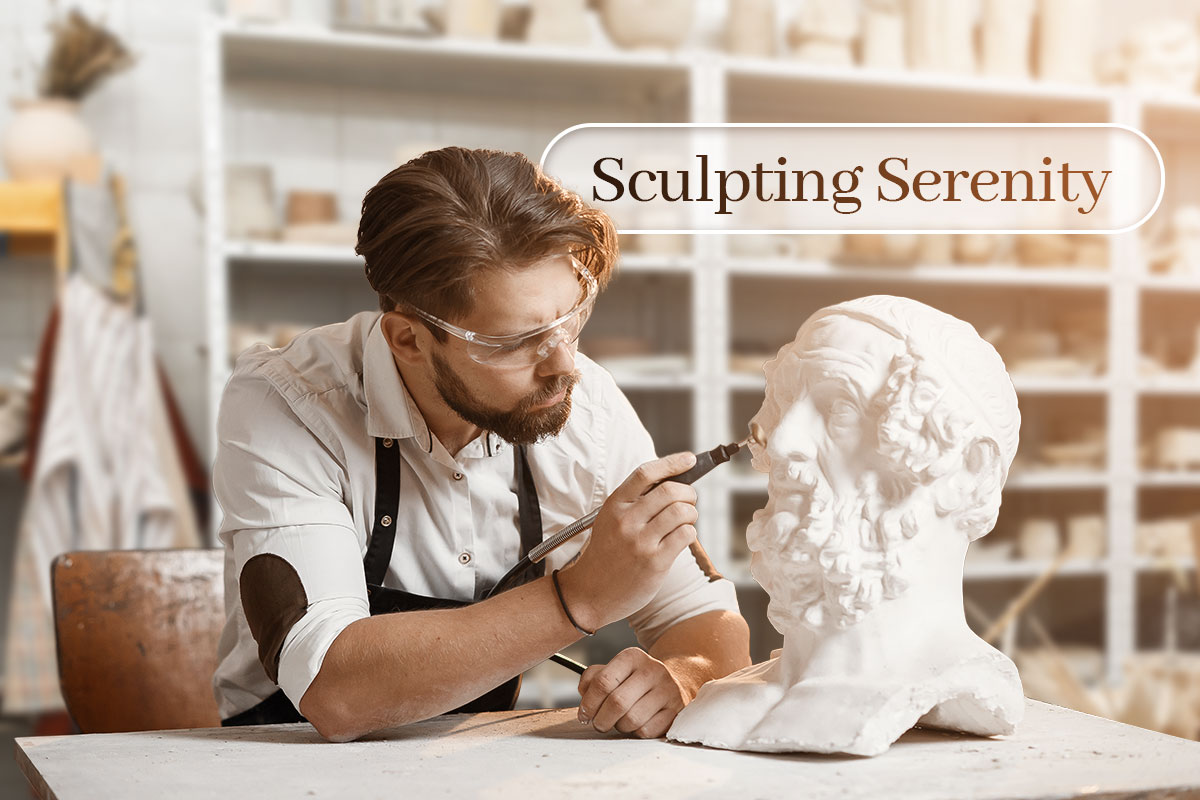 A sculptor working on a bust with the business name Sculpting Serenity floating overhead in a bubble.