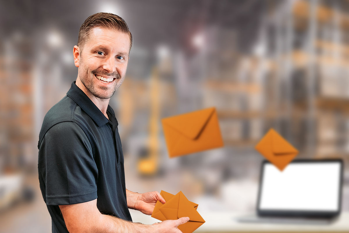 A business owner tossing envelopes toward an open laptop to represent sending emails.