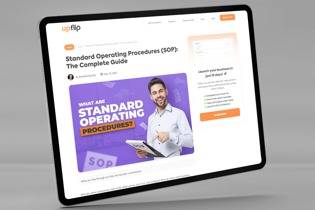 A tablet showing the UpFlip guide on standard operating procedures.
