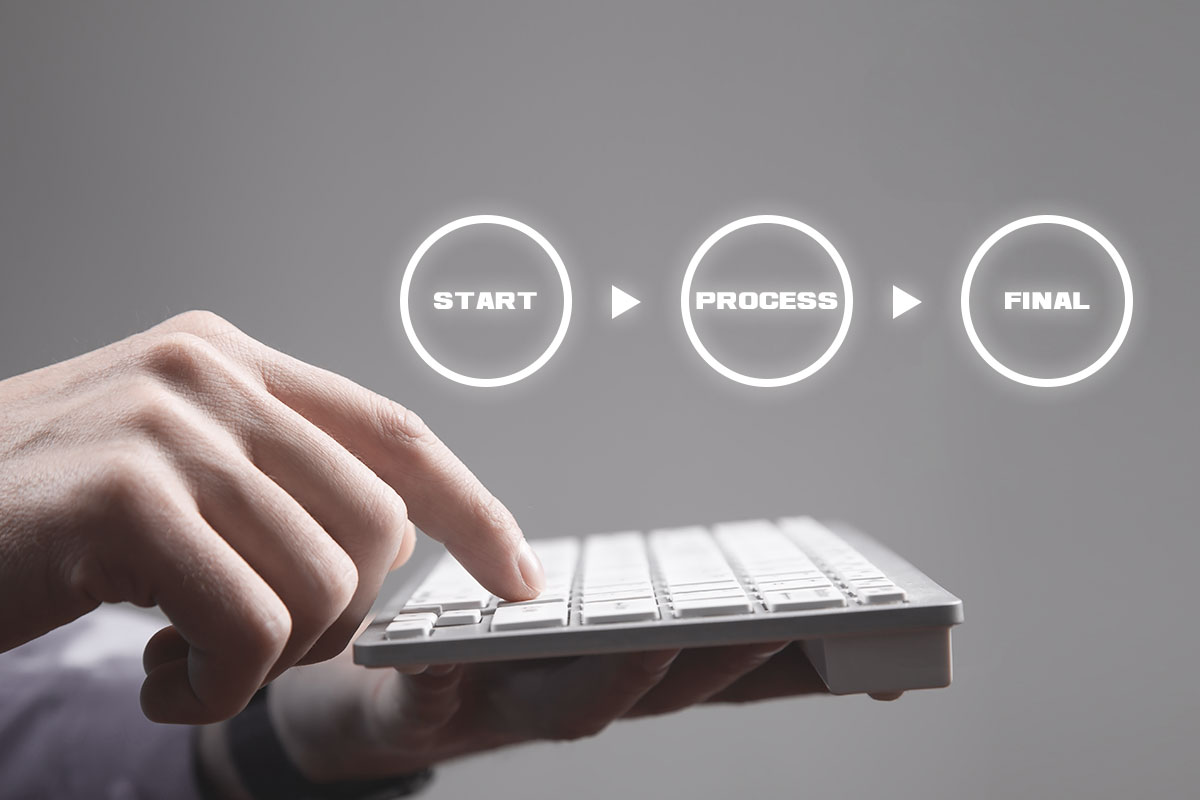 Someone using a keyboard to start a process while the words start, process, and final appear in bubbles overhead.