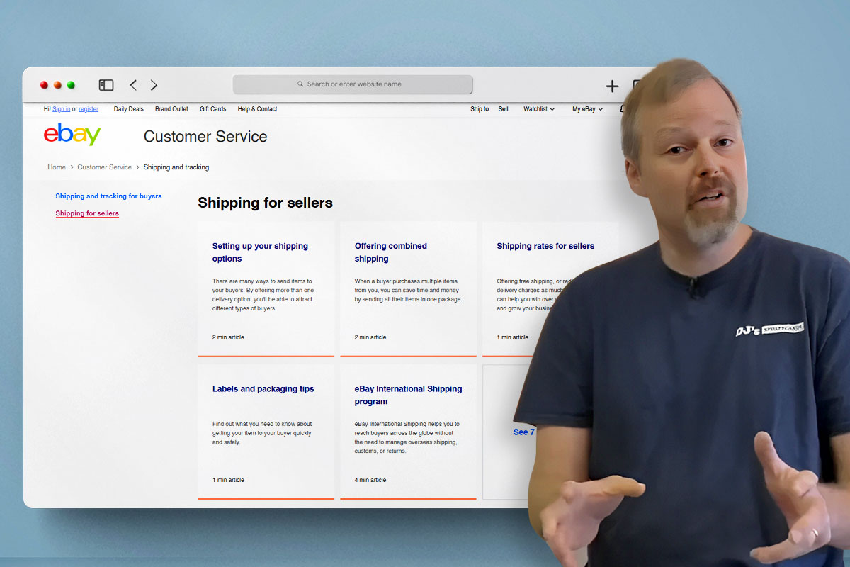 An eBay seller standing next to a screen displaying the eBay customer service page about shipping.