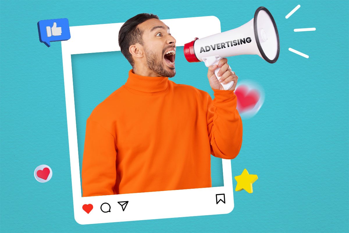 Small Business Marketing 18 A person shouting into a megaphone from within an Instagram-style frame.