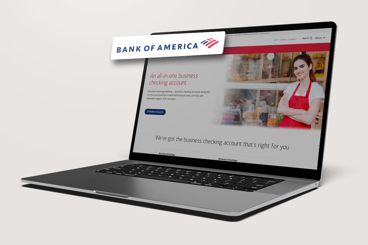 A laptop open to the Bank of America landing page for checking accounts.