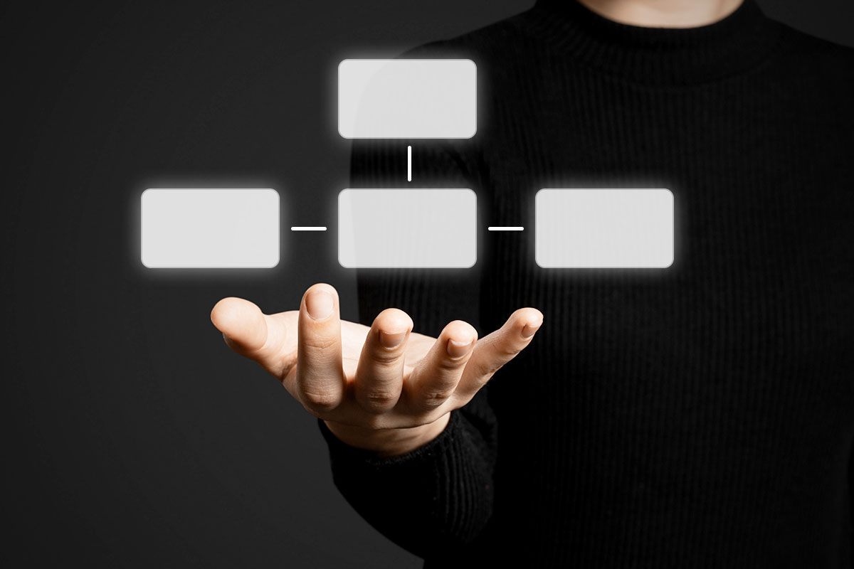 How to Start a Clothing Boutique (and Make $102K/Month) 8 A businessman holding out one hand with an blank organizational chart hovering above it.