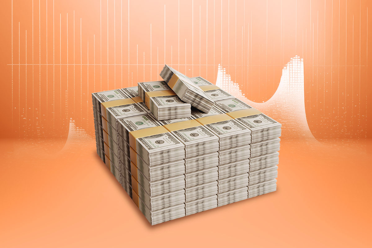 A large block of new hundred-dollar bills wrapped in bands.