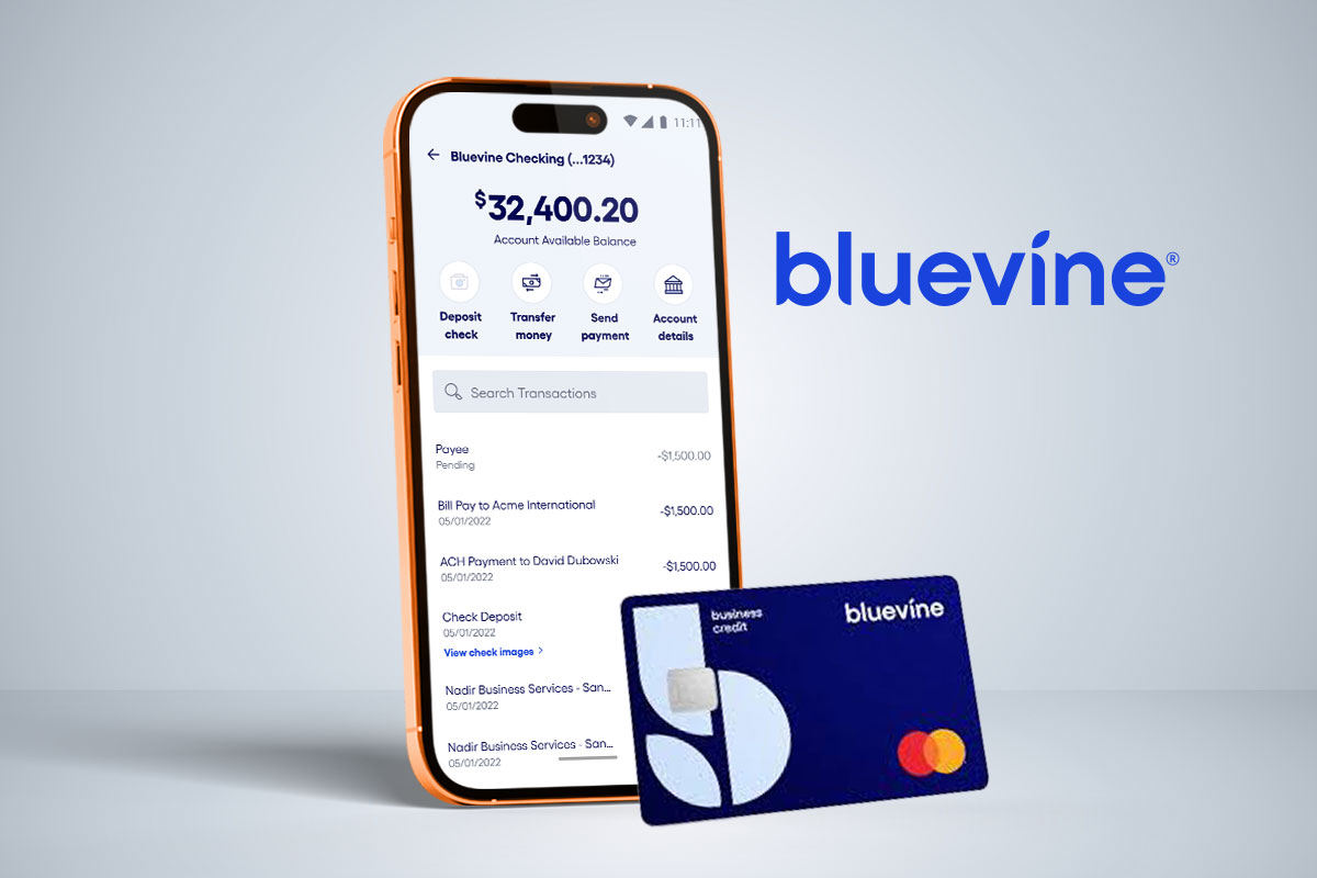 A phone showing the balance for a Bluevine checking account next to a Bluevine business credit card.
