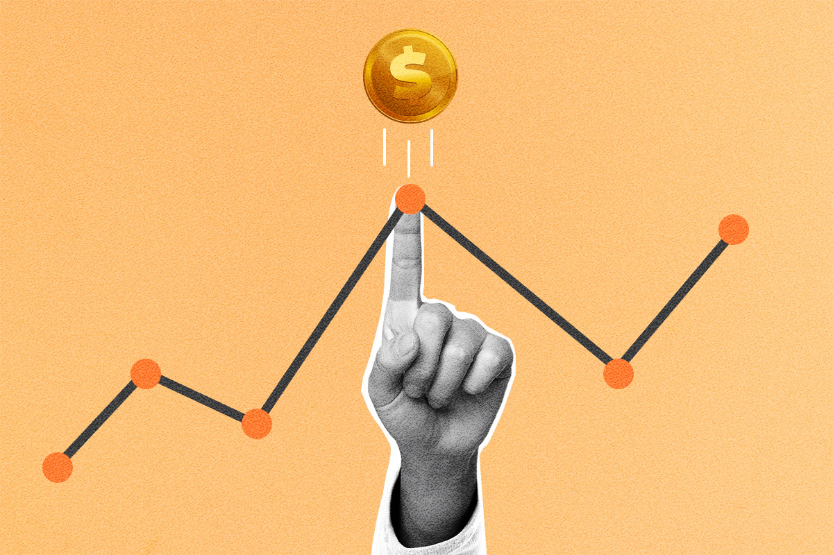 Small Business Marketing 19 A hand reaching up to the high point of a line graph while a coin with a dollar sign flies up into the air.