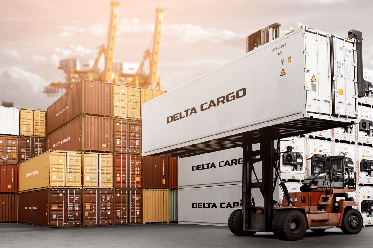 250 Logistic Company Names 7 A fork truck picking up a shipping container that says Delta Cargo next to a stack of other containers.