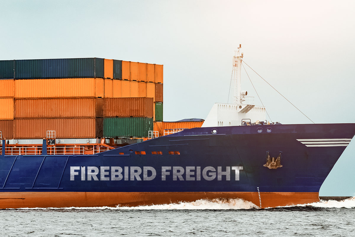 250 Logistic Company Names 6 A shipping freighter in the ocean with the name Firebird Freight painted on the side.