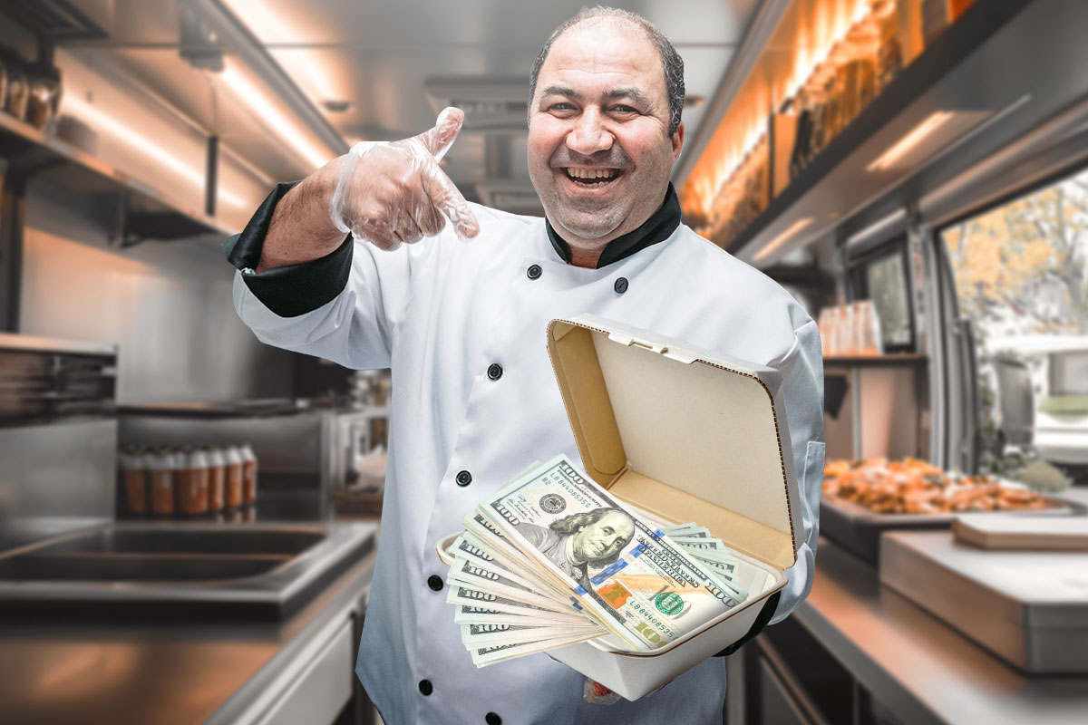 The owner of Aybla Grill pointing to an open to-go container full of cash.
