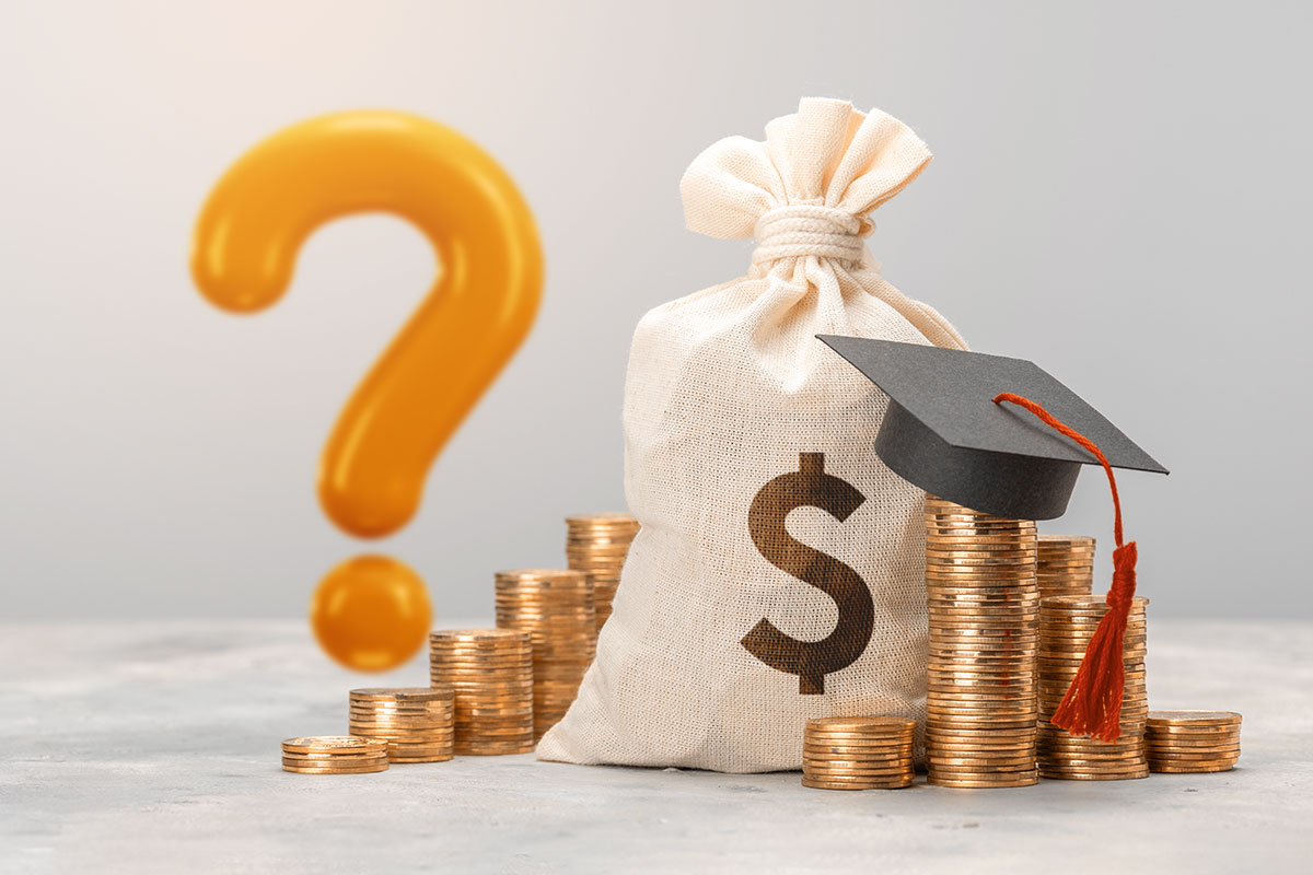 Grants 101 for Small Business Owners 76 A bag of money, stacks of coins, and a graduation cap next to a large question mark.