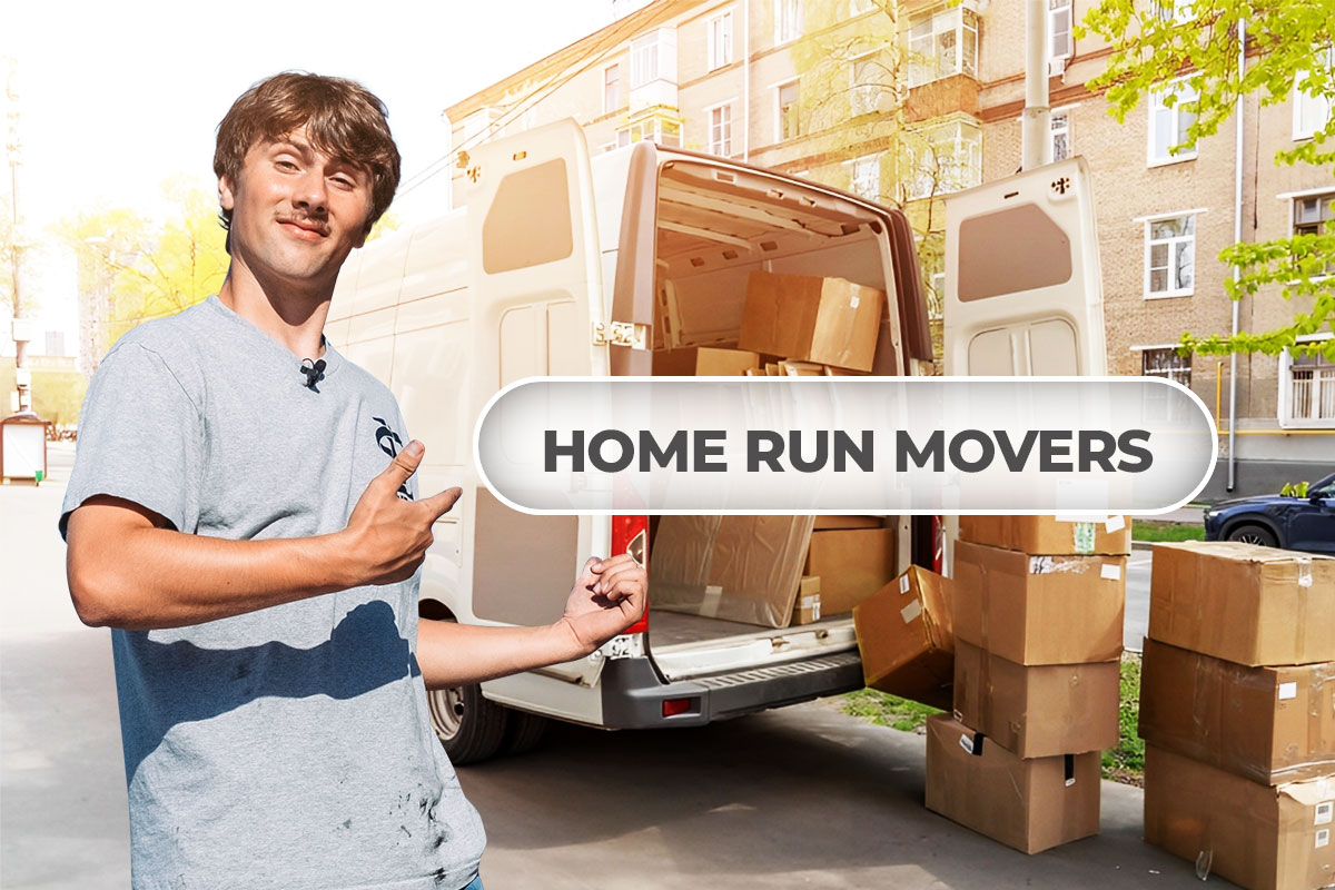 250 Logistic Company Names 8 A logistics business owner pointing to a bubble with the name Home Run Movers while next to a stack of moving boxes and a van.