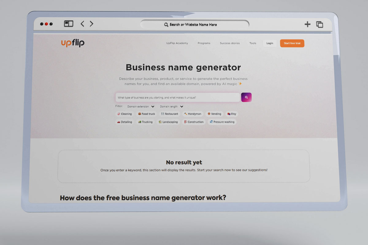 471 Best Jewelry Business Names 7 A tablet screen showing the UpFlip business name generator.