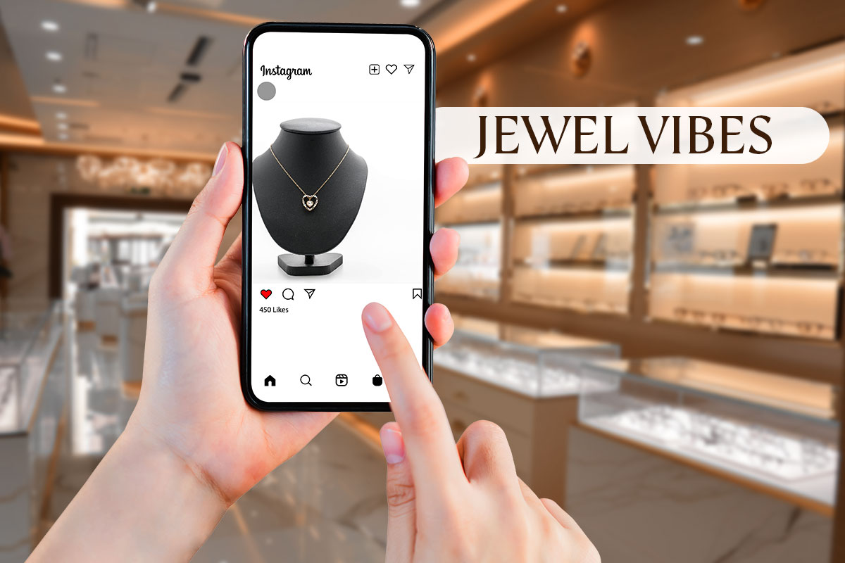 471 Best Jewelry Business Names 9 A person looking at a necklace on Instagram while standing inside a jewelry store called Jewel Vibes.