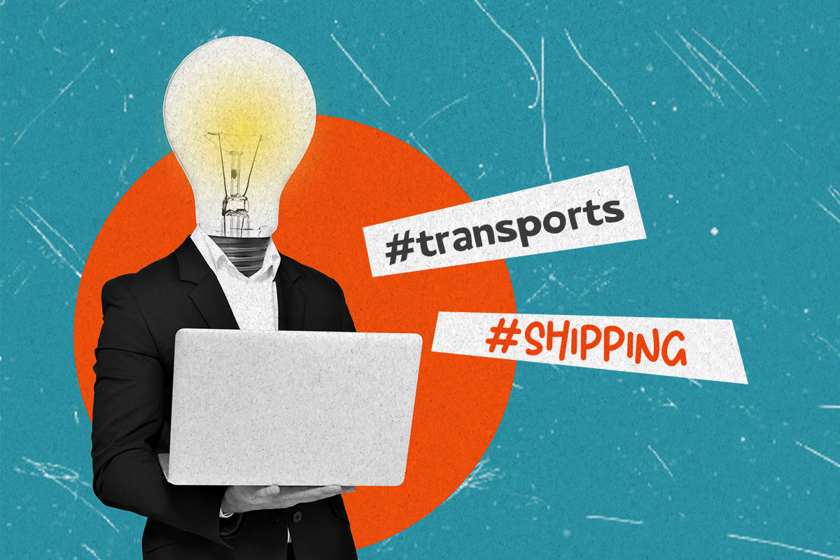 250 Logistic Company Names 1 Artistic concept of a businessman with a lightbulb for a head next to hashtags that say transports and shipping.