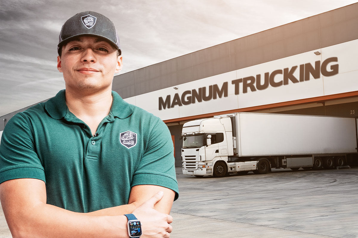 250 Logistic Company Names 2 A trucking business owner standing next to a commercial building with a sign that says Magnum Trucking.