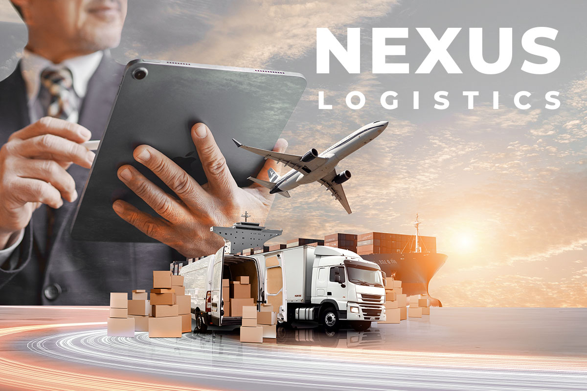 250 Logistic Company Names 3 A businessman working on a tablet with a van, a truck, a ship, and an airplane in the foreground and the business name Nexus Logistics across the top.
