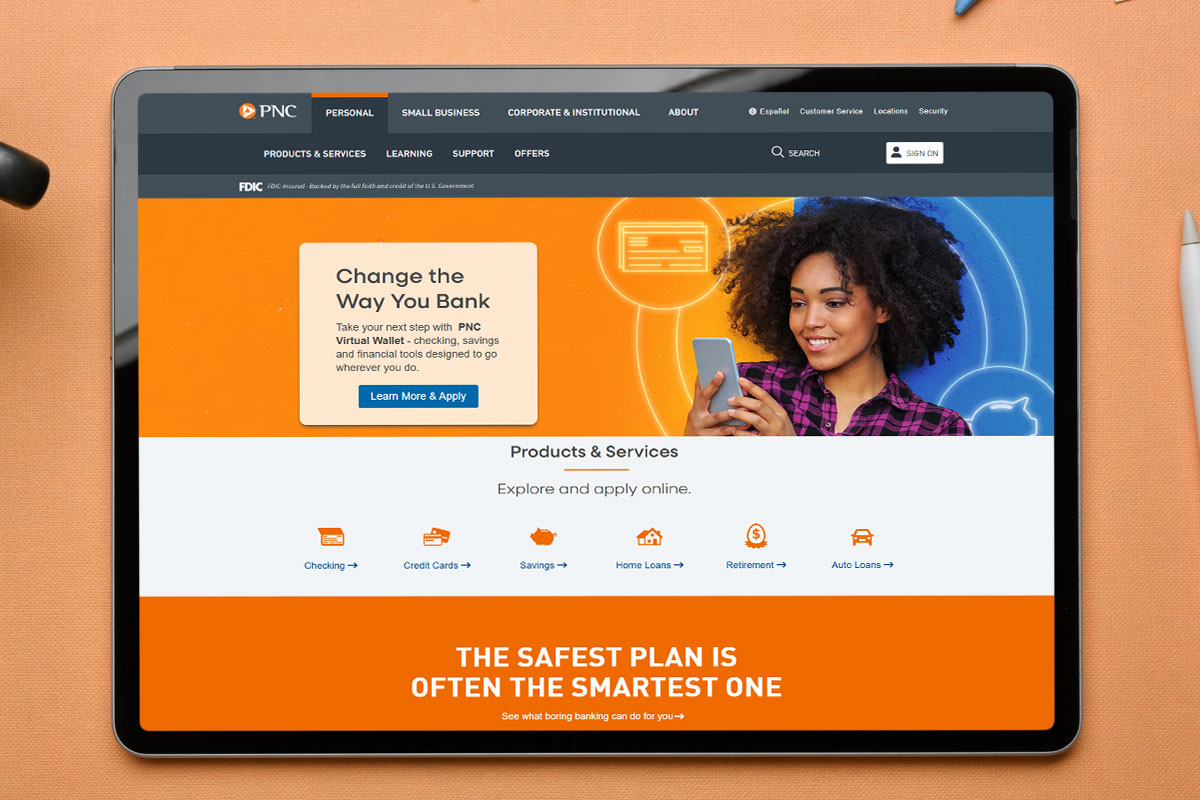 A tablet showing the products and services offered by PNC Bank.