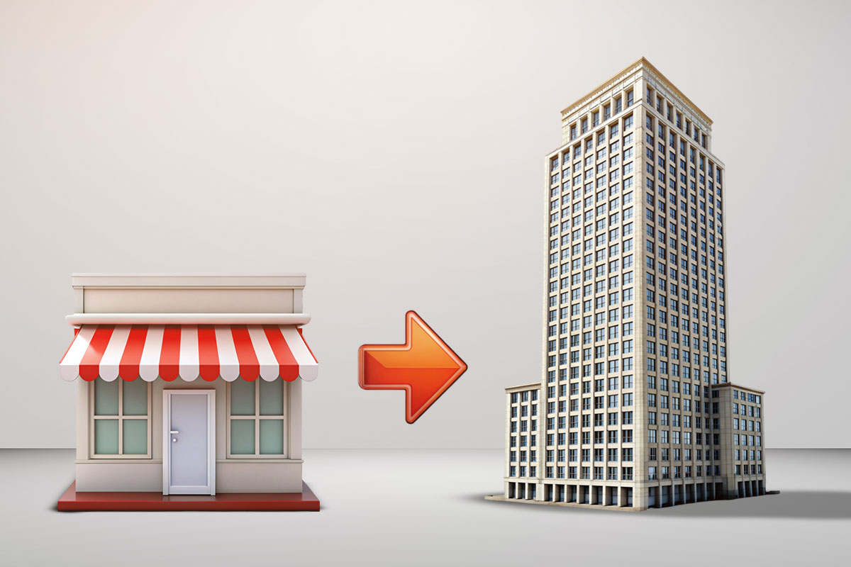 Small Business Marketing 20 A small shop on the left being compared to a large multi-story office building on the right.