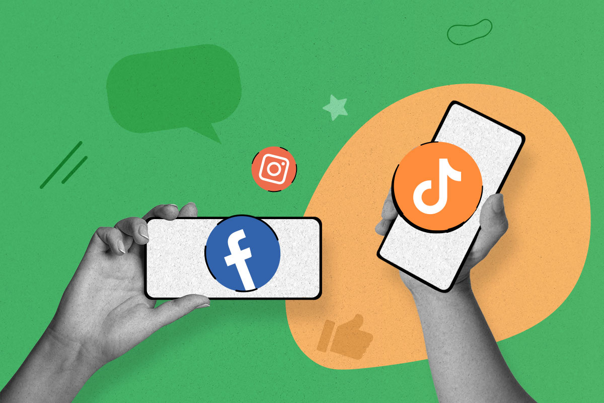 Small Business Marketing 4 Two hands holding up cell phones with social media logos floating around them.