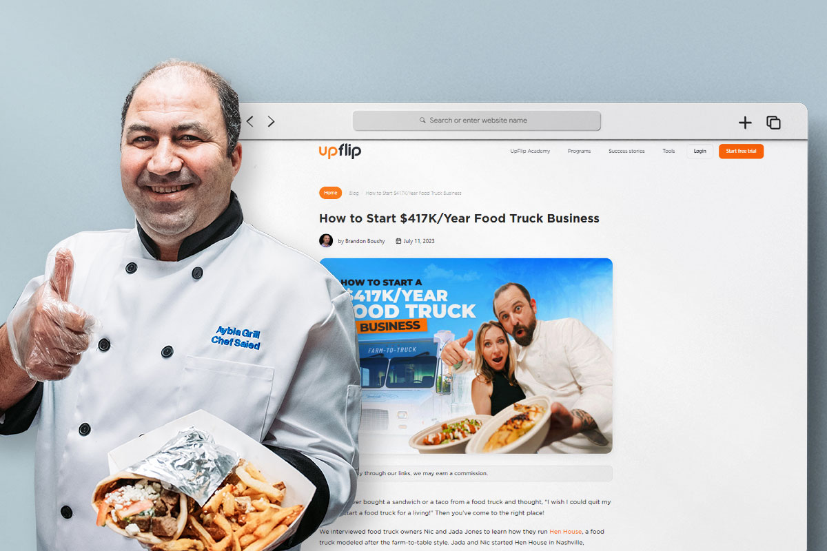 The owner of Aybla Grill giving a thumbs up next to a screen showing the UpFlip blog about how to start a food truck business.