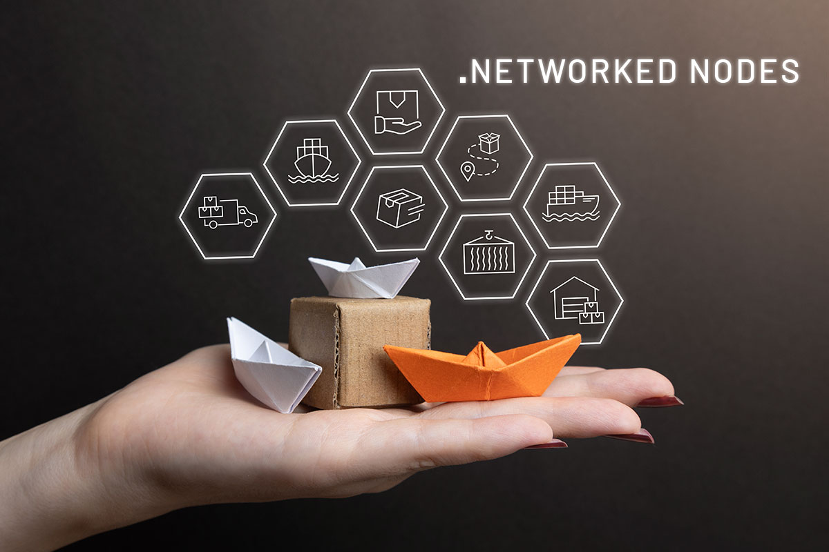 250 Logistic Company Names 9 A group of logistics-related symbols and paper boats hovering above a person's outstretched hand with the business name Networked Nodes floating nearby.