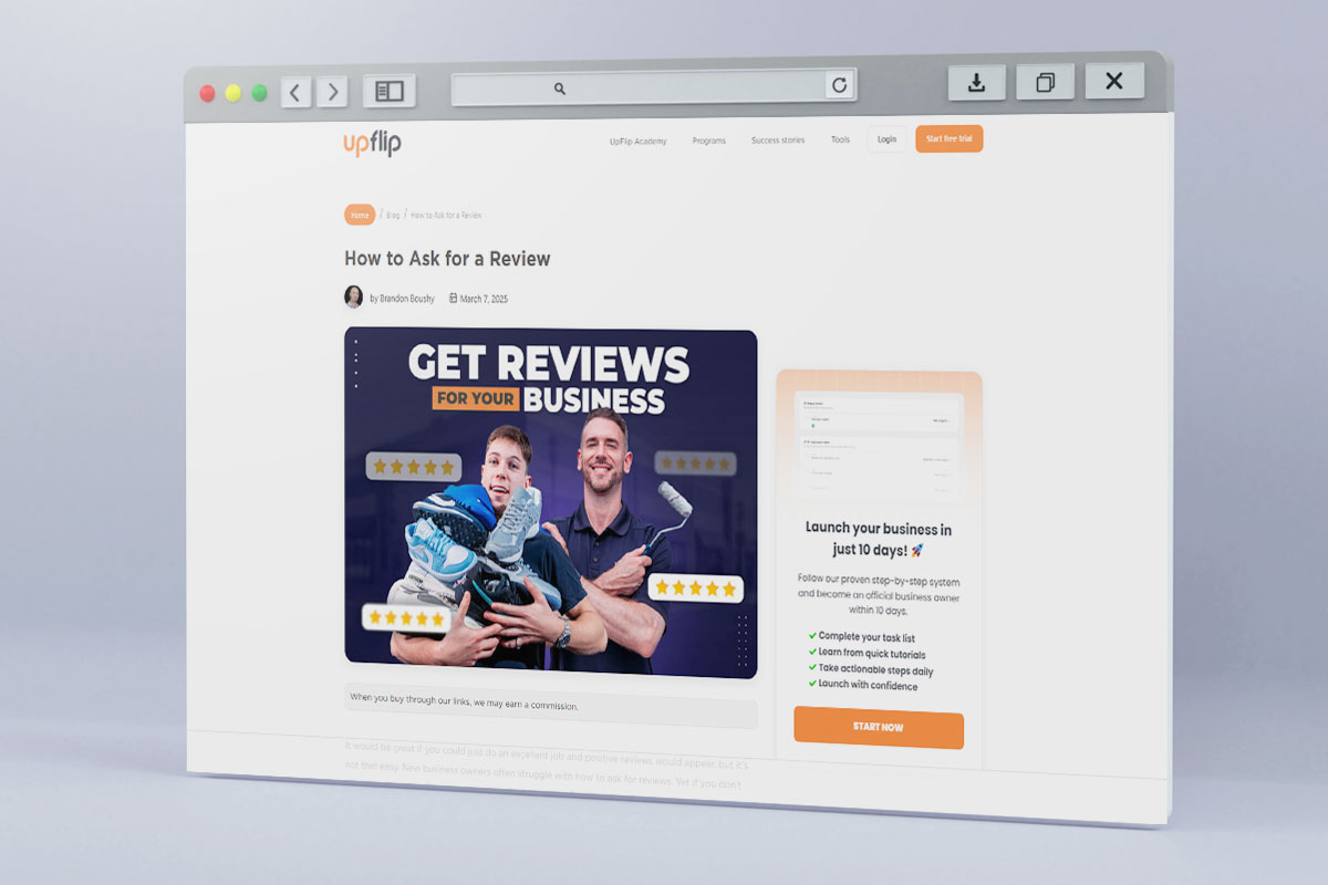 Business Thank You Messages to Customers 10 A computer screen showing the UpFlip blog about how to get reviews for your business.