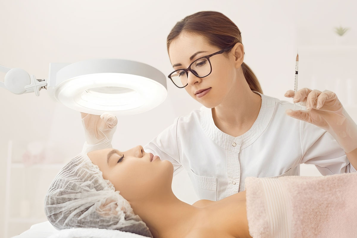 387 Beautiful Esthetician Business Names 1 An esthetician holding a syringe while adjusting a light over a patient's face.