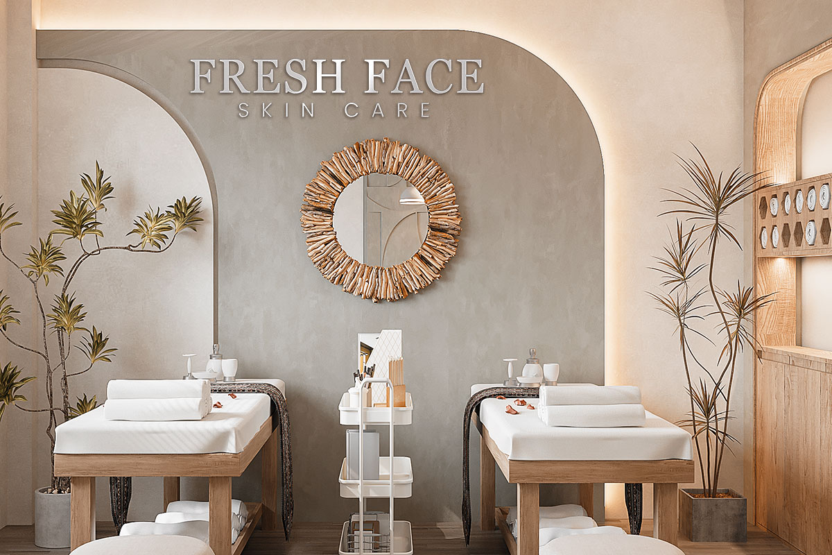 387 Beautiful Esthetician Business Names 6 Interior view of an esthetician studio with a sign that says Fresh Face Skin Care.