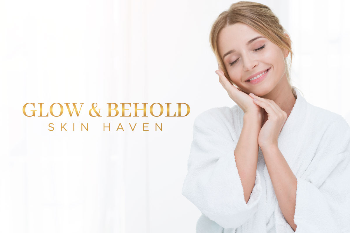 387 Beautiful Esthetician Business Names 3 A smiling customer in a robe standing next to the business name Glow and Behold Skin Haven.